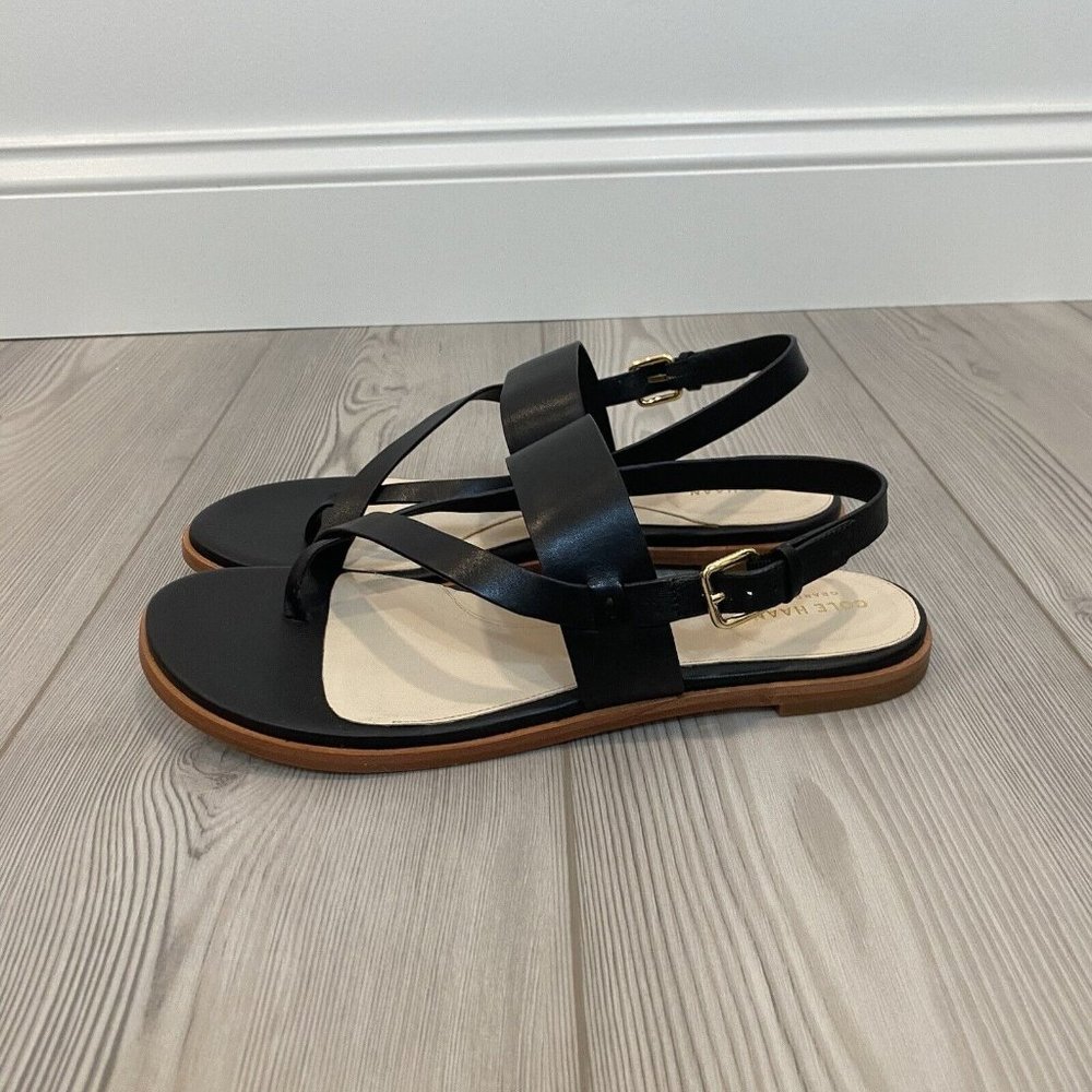 NEW Coke Haan Anica Thong Flat Sandals, Black Leather 10.5M Adjustable W07409